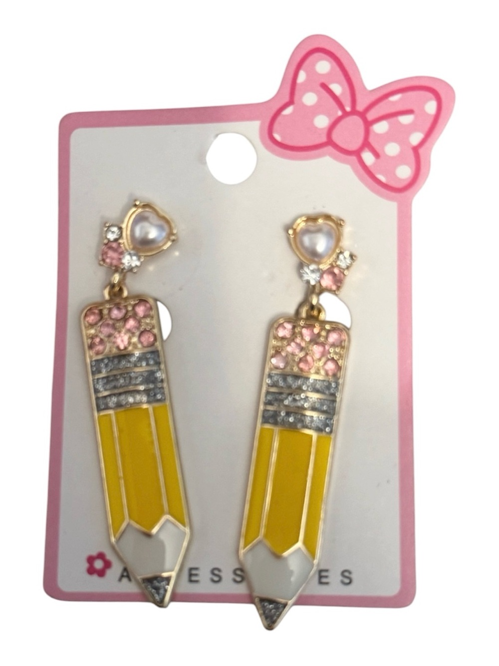 Pierced Yellow Pencil Drop Earrings w/Pink CHRYSTAL, pearl Accents Teachers Gift